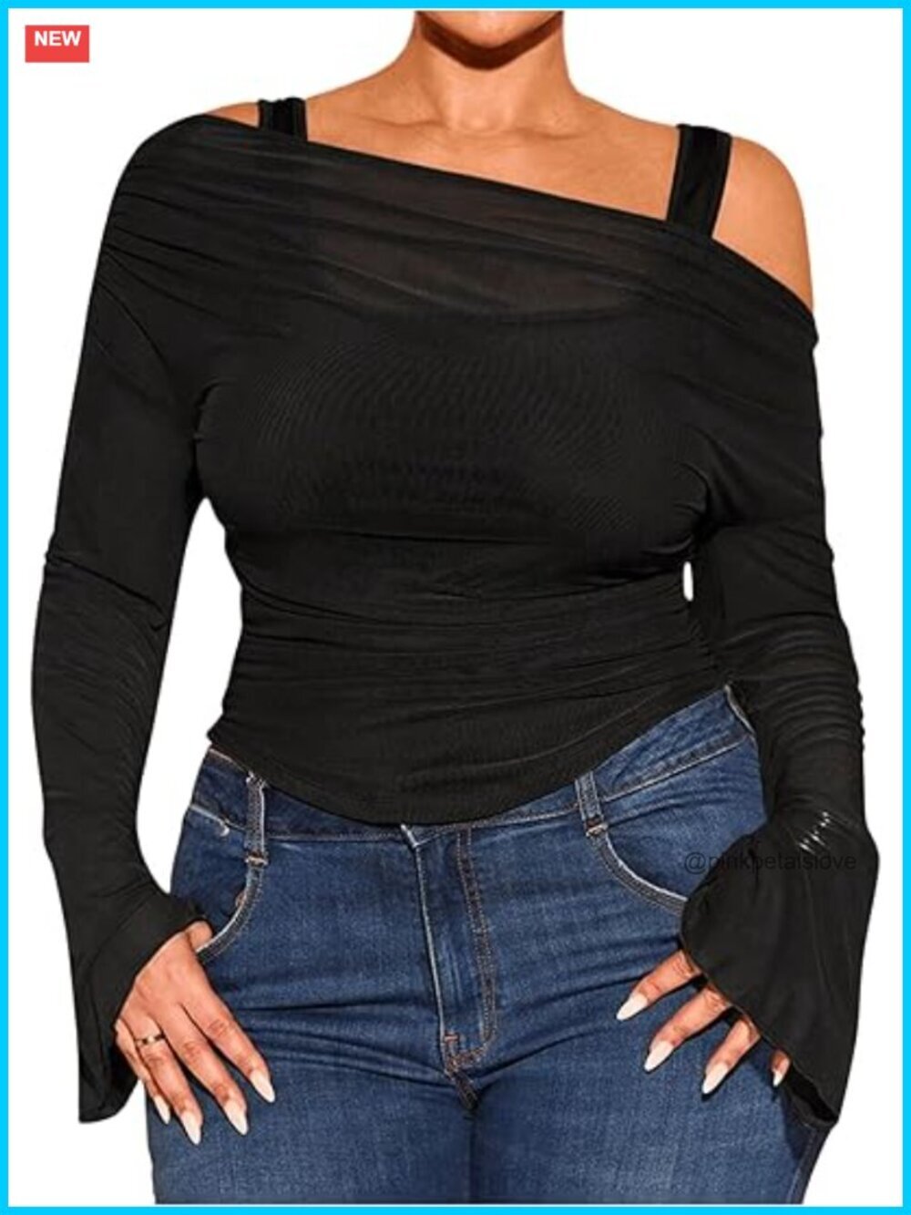 Off Shoulder T Shirt Ruched Sheer Bell Long Sleeve Tee